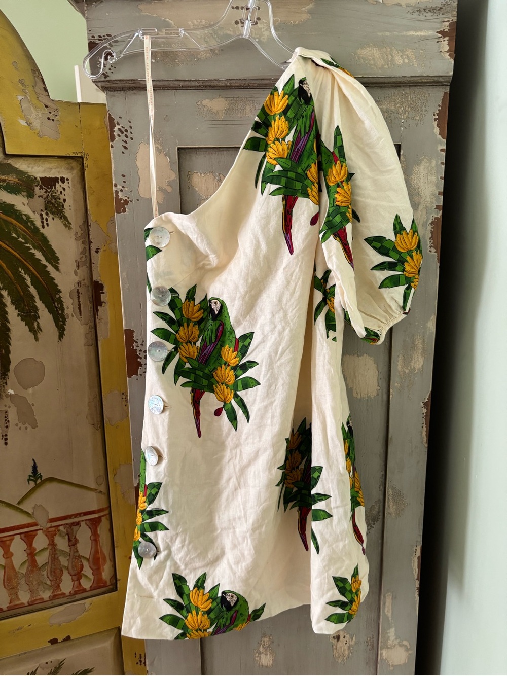 FARM Rio One-Shoulder Tropical Parrot Print Dress in White and Green